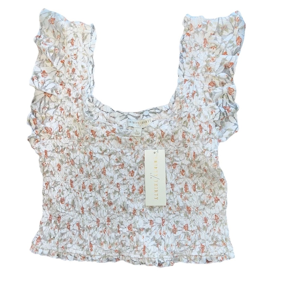 Thirty Thirty Beige Smocked Stretch Crop Tank Top Women Large NWT Orange Floral